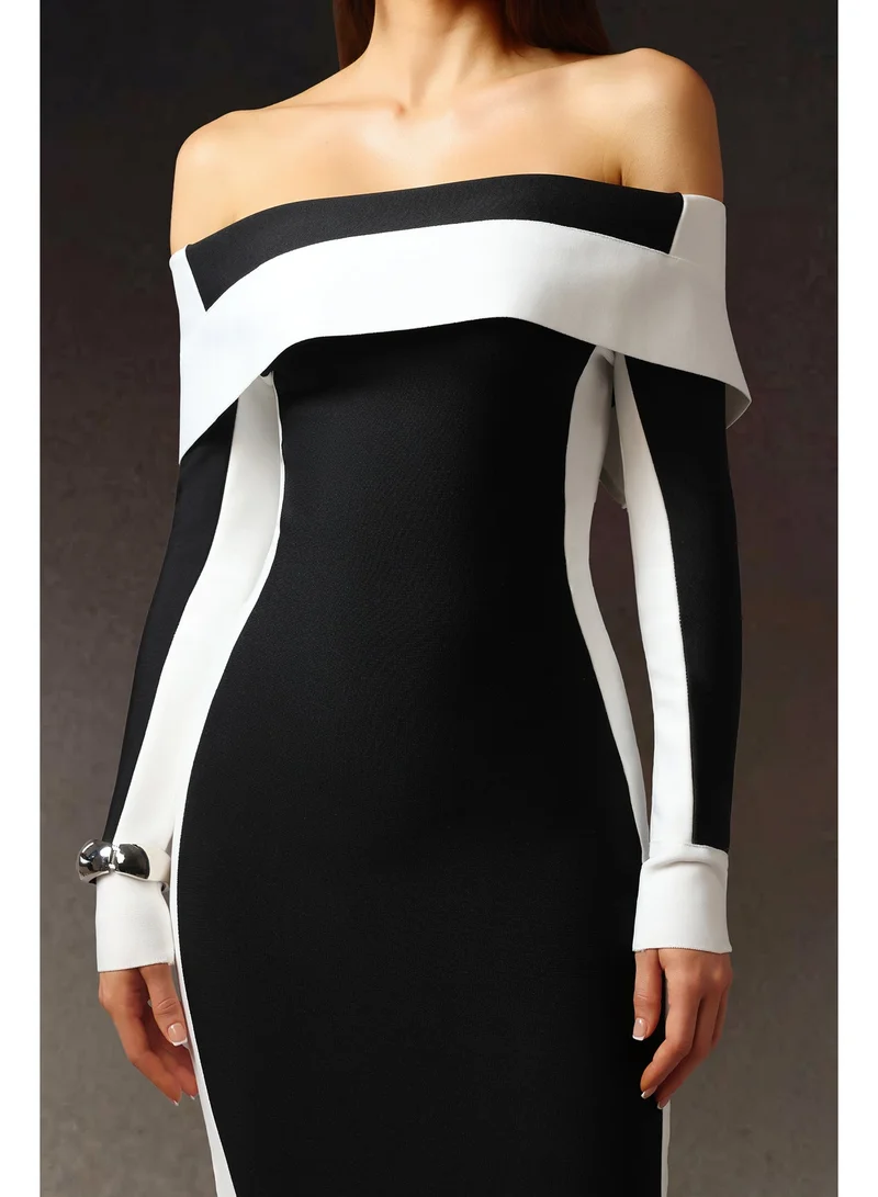 Bella Barnett Mattey Off-The-Shoulder Long Sleeves Stripes Bandage Midi Dress
